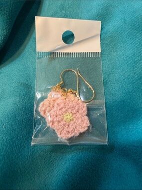 Handwoven Pink Crochet Flower Earrings with Gold Hooks